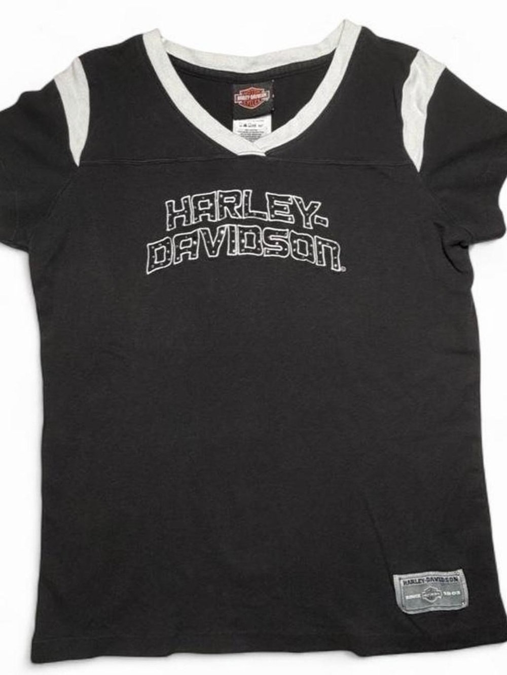 Harley-Davidson Black & White Bedazzled Logo V-Neck Tee